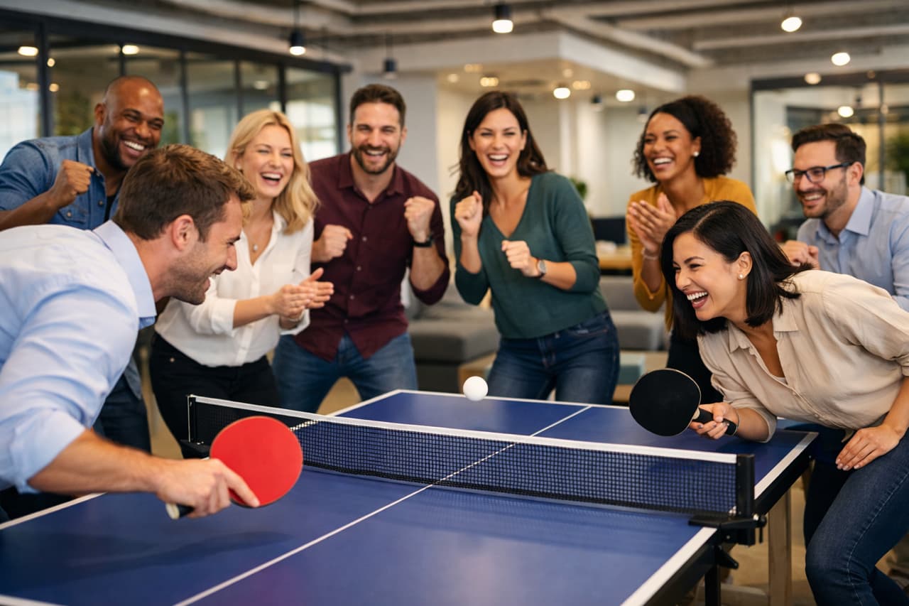 Équipe jouant au ping-pong lors d’un team building Ping Connect favorisant la cohésion, la collaboration et l’esprit d’équipe en entreprise